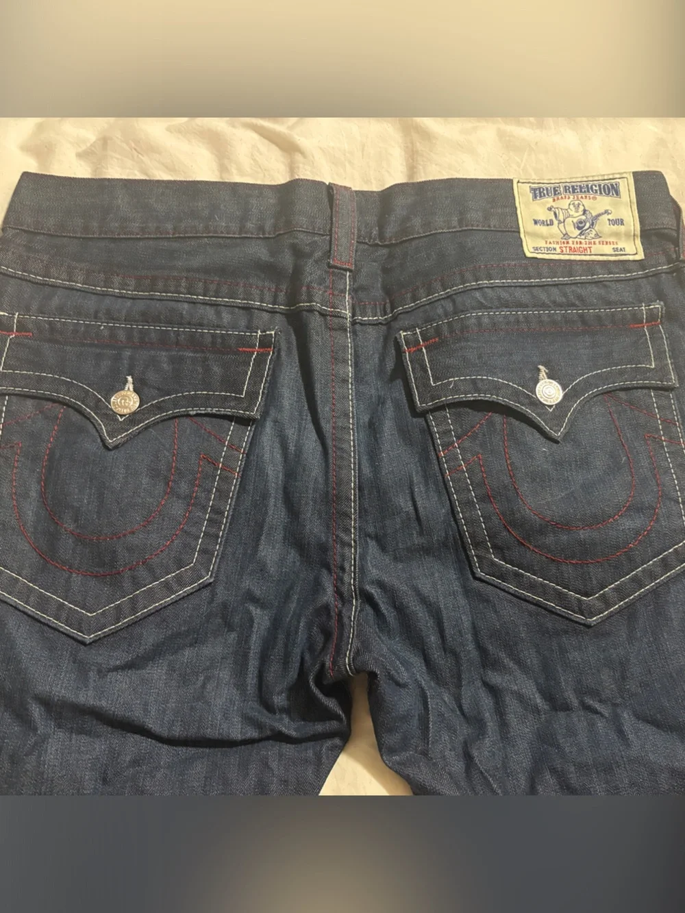 True Religion Men's Indigo Straight Jeans with Red Stitching